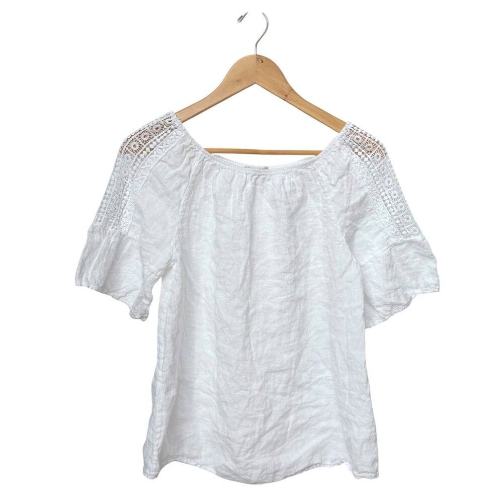 Terzo Millennio Made in Italy White Linen Crochet Lace Sleeve Blouse. Medium.